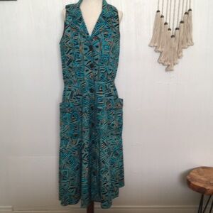 Vintage 1960’s Jan Sue abstract print dress pockets 38” bust ikat tribal